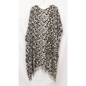 Codello ruana leopard animal print boho beach cover up fringe long poncho cream